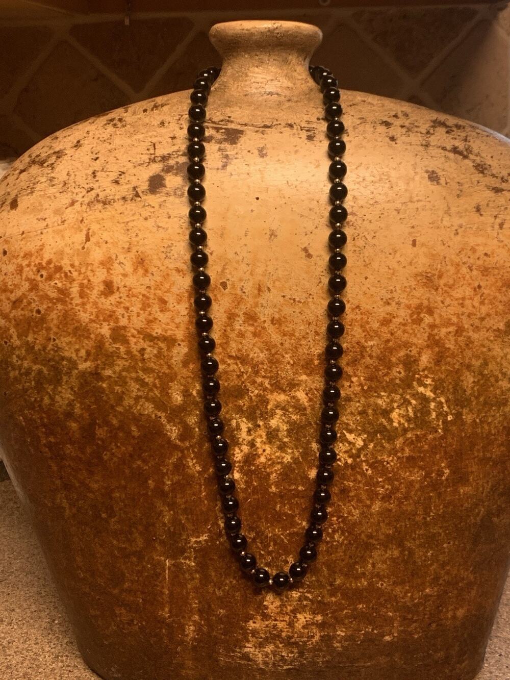 14K Yellow Gold and Necklace Black Onyx Beaded Necklace on Chain Vintage